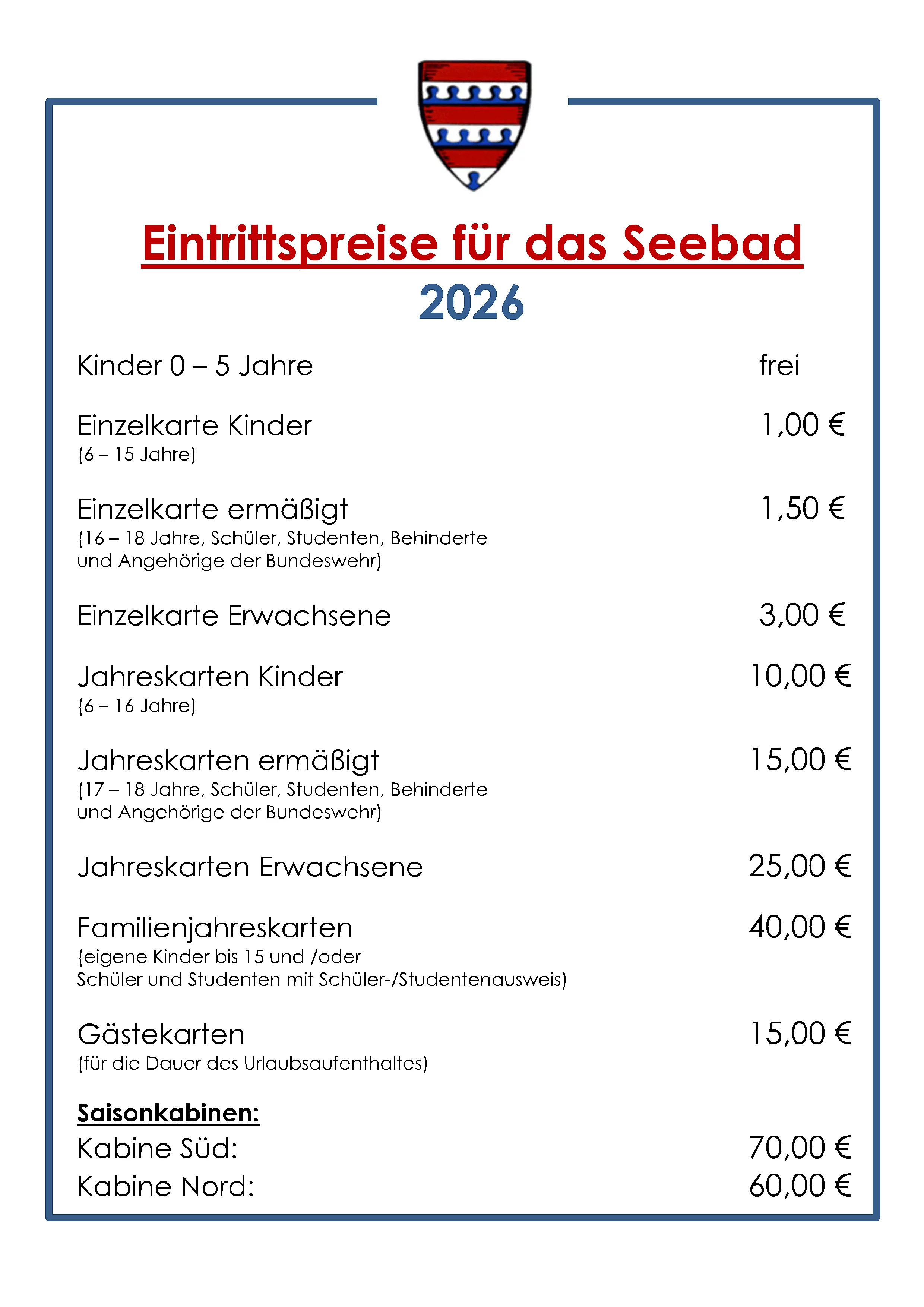 Eintrittspreise Seebad 2026
